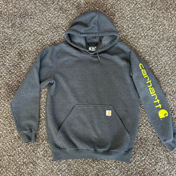 Carhartt men’s Dark Gray Hoodie with Yellow Sleeve Logo - Picture 1 of 5